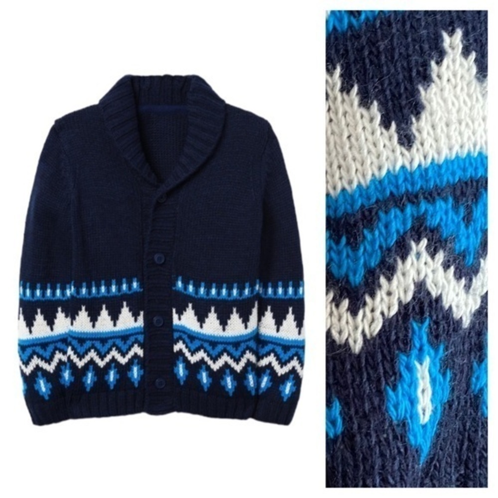 Janie and Jack Blue White Fair Isle Knit Shawl Cardigan Sweater